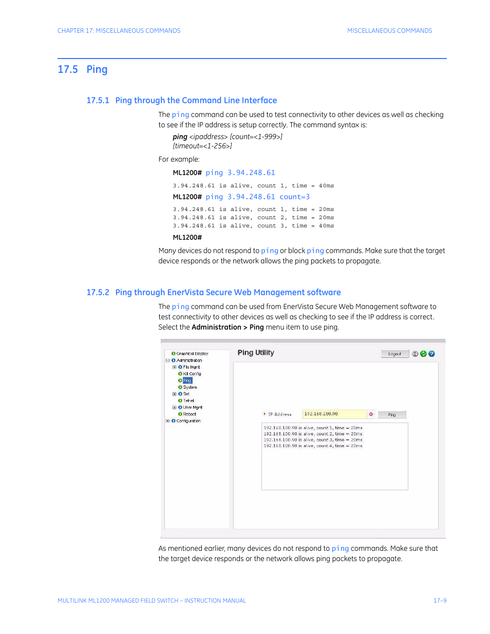 5 ping, 1 ping through the command line interface, Ping -9 | Through, Ommand, Nterface, Ista, Ecure, Anagement, Software | GE MULTILINK ML1200 User Manual | Page 279 / 344