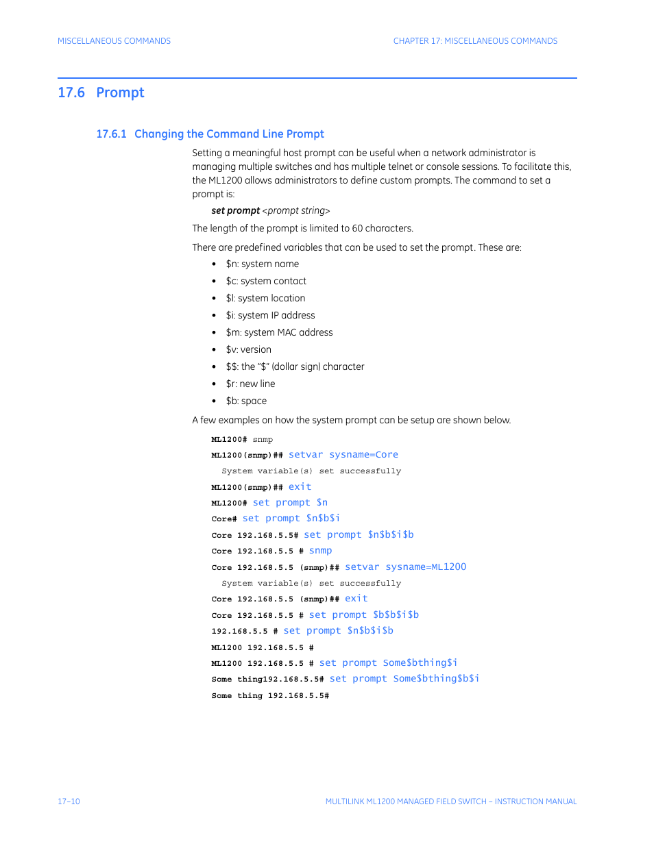 6 prompt, 1 changing the command line prompt, Prompt -10 | Hanging, Ommand, Rompt | GE MULTILINK ML1200 User Manual | Page 280 / 344