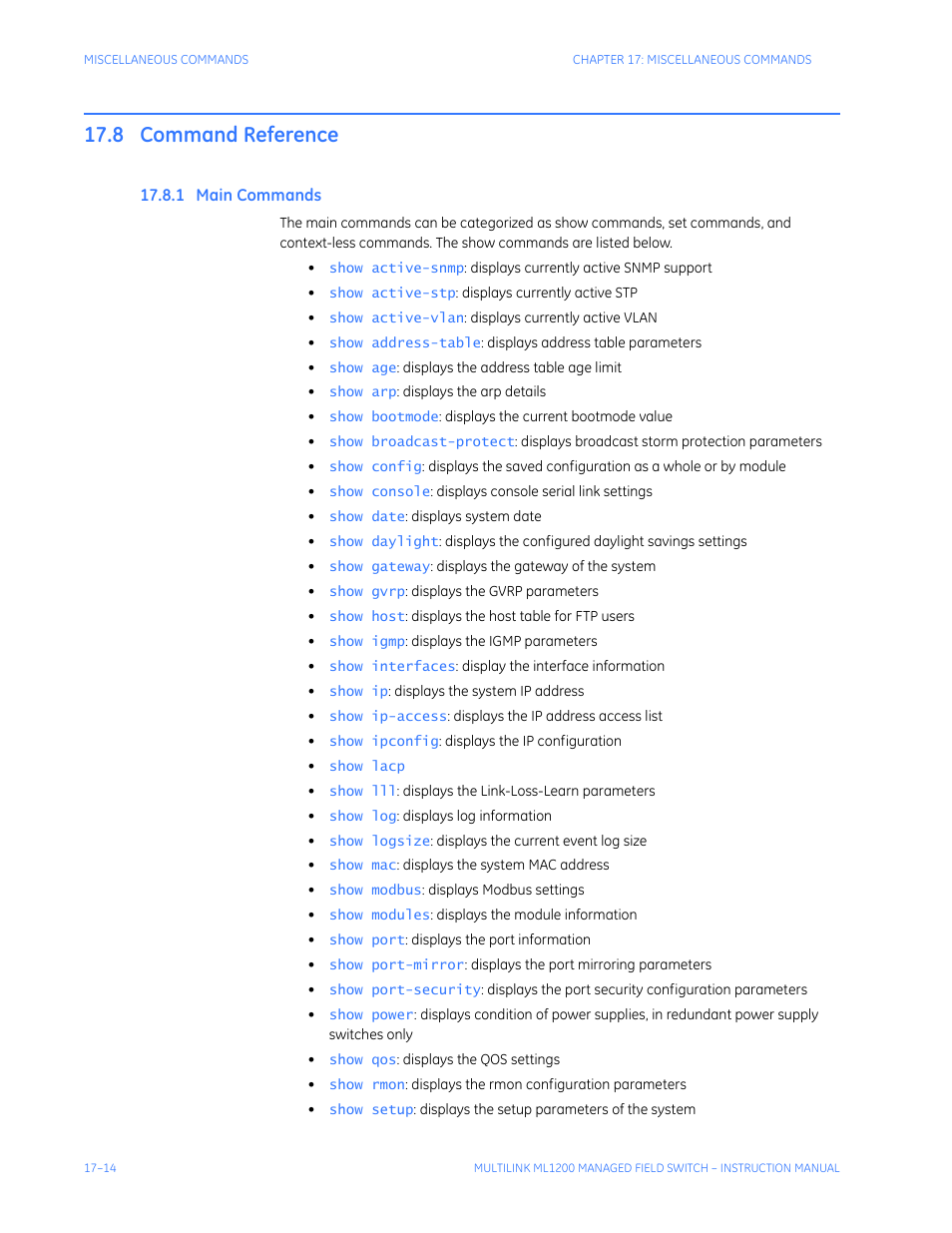 8 command reference, 1 main commands, Command reference -14 | Ommands | GE MULTILINK ML1200 User Manual | Page 284 / 344