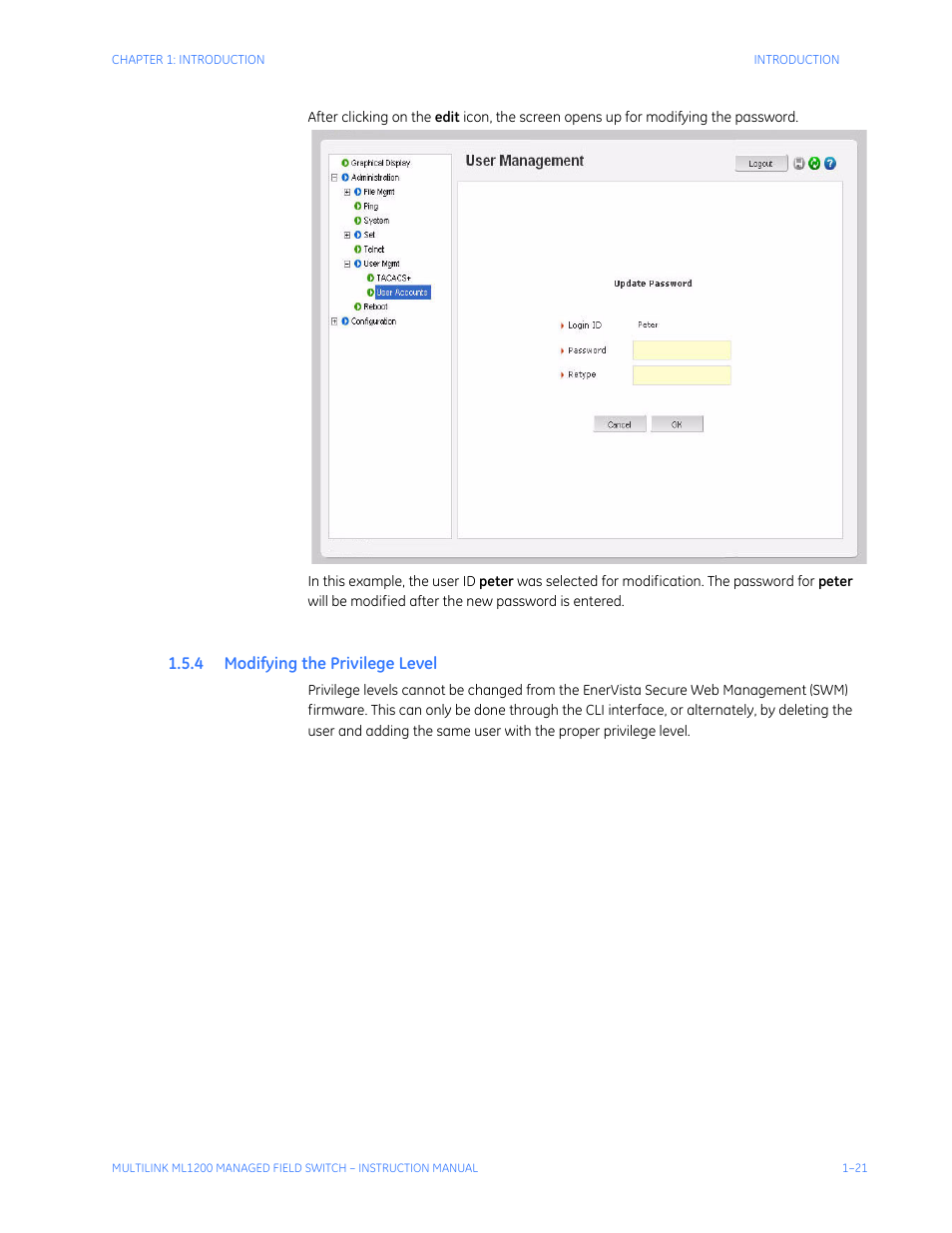 4 modifying the privilege level, Odifying, Rivilege | Evel | GE MULTILINK ML1200 User Manual | Page 29 / 344