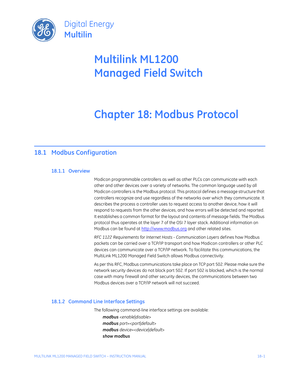 Modbus protocol, 1 modbus configuration, 1 overview | 2 command line interface settings, Modbus configuration -1, Verview, Ommand, Nterface, Ettings, Digital energy multilin | GE MULTILINK ML1200 User Manual | Page 291 / 344