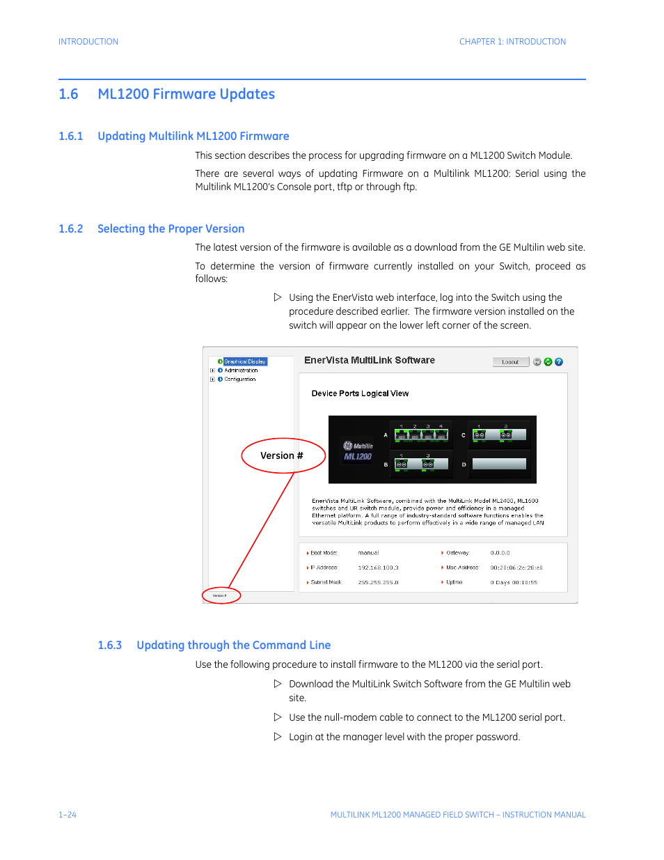 6 ml1200 firmware updates, 1 updating multilink ml1200 firmware, 2 selecting the proper version | 3 updating through the command line, Ml1200 firmware updates -24, Pdating, Ultilink, Ml1200 f, Irmware, Electing | GE MULTILINK ML1200 User Manual | Page 32 / 344