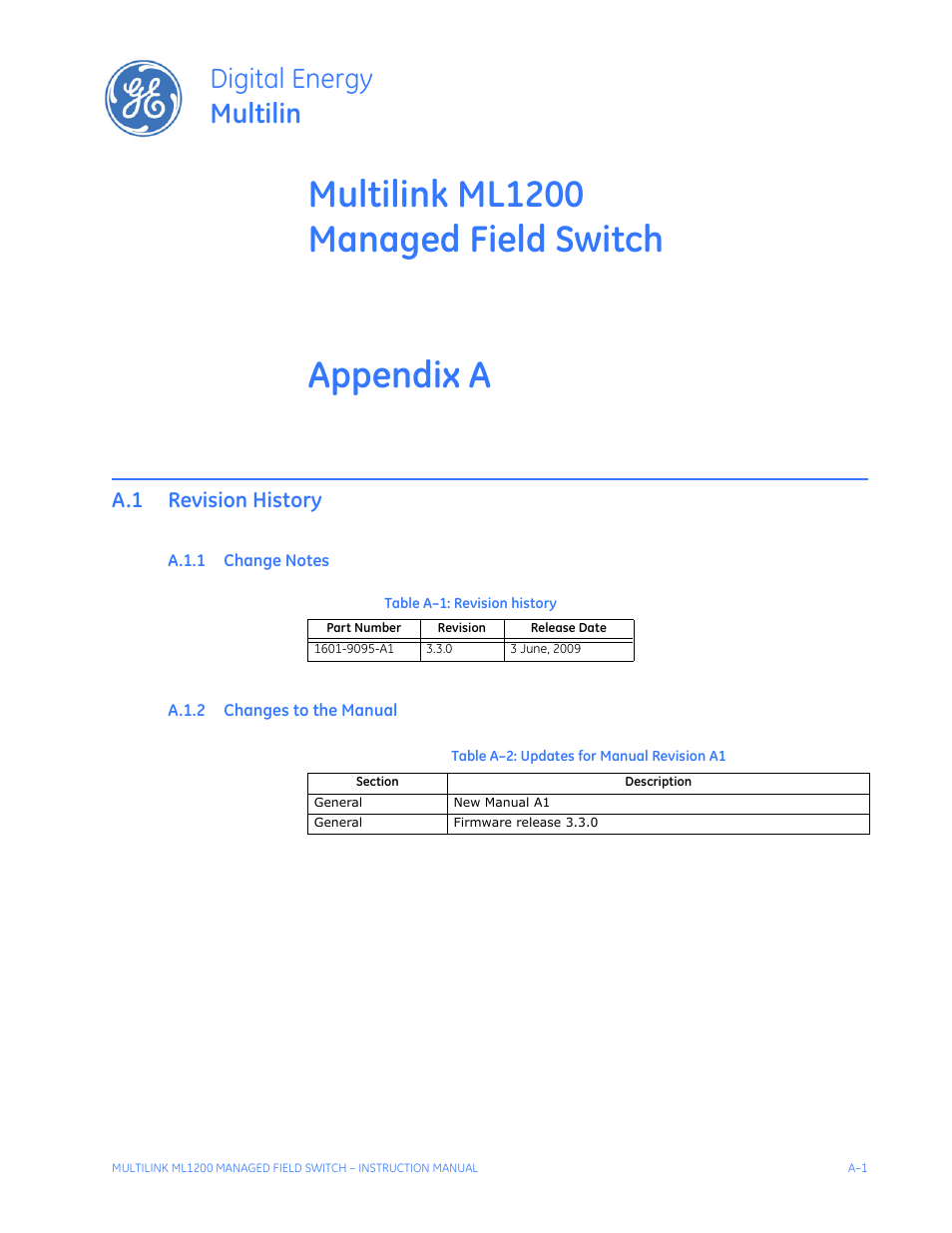 Appendix a, A.1 revision history, A.1.1 change notes | A.1.2 changes to the manual, Hange, Otes, Hanges, Anual, Multilink ml1200 managed field switch appendix a, Digital energy multilin | GE MULTILINK ML1200 User Manual | Page 329 / 344