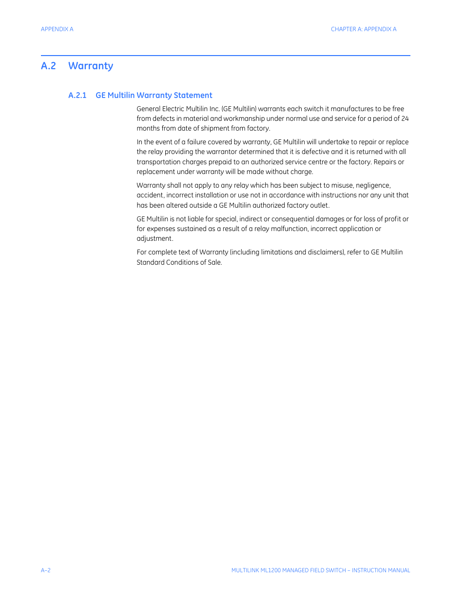 A.2 warranty, A.2.1 ge multilin warranty statement, Ge m | Ultilin, Arranty, Tatement | GE MULTILINK ML1200 User Manual | Page 330 / 344