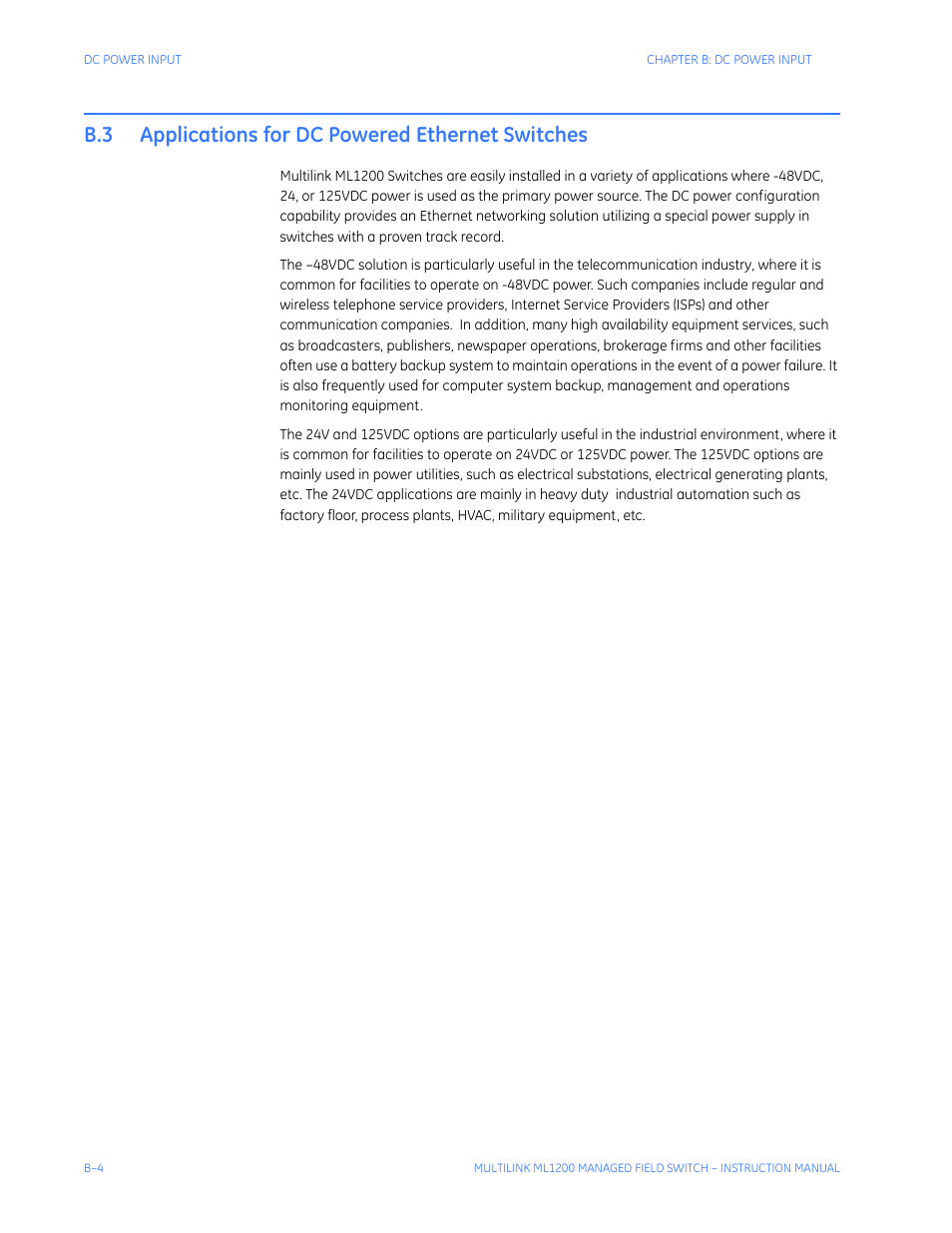 B.3 applications for dc powered ethernet switches | GE MULTILINK ML1200 User Manual | Page 334 / 344