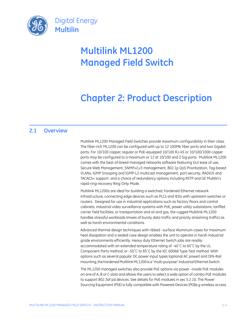 Product description, 1 overview, Overview -1 | Digital energy multilin | GE MULTILINK ML1200 User Manual | Page 37 / 344