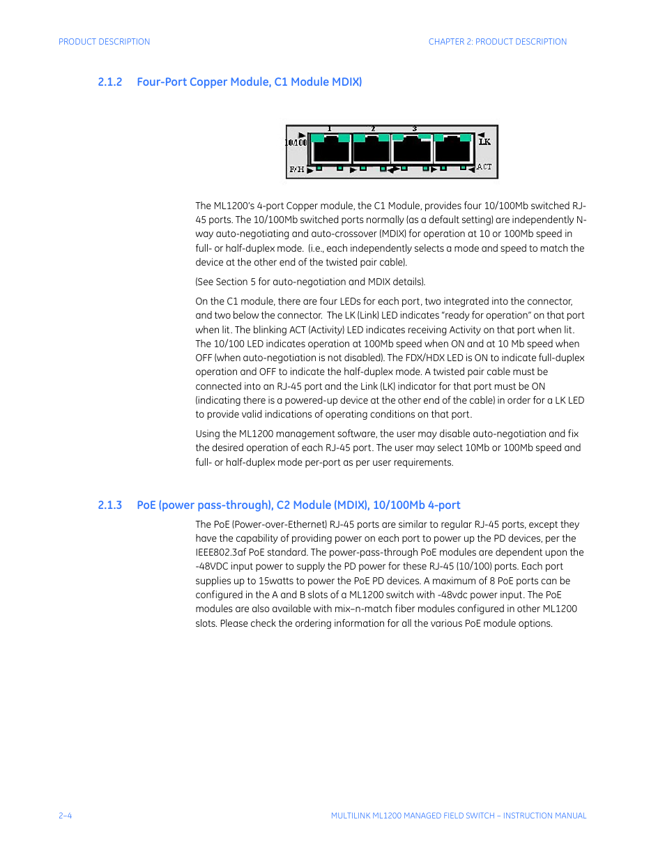 2 four-port copper module, c1 module mdix), Opper, Odule | C1 m, Mdix) -4, Power, Pass, Through, C2 m, Mdix), 10/100m | GE MULTILINK ML1200 User Manual | Page 40 / 344