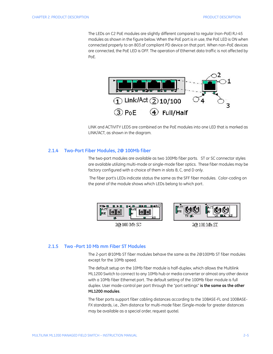 4 two-port fiber modules, 2@ 100mb fiber, 5 two -port 10 mb mm fiber st modules, Iber | Odules, 2@ 100m, Fiber, 10 m, St m | GE MULTILINK ML1200 User Manual | Page 41 / 344