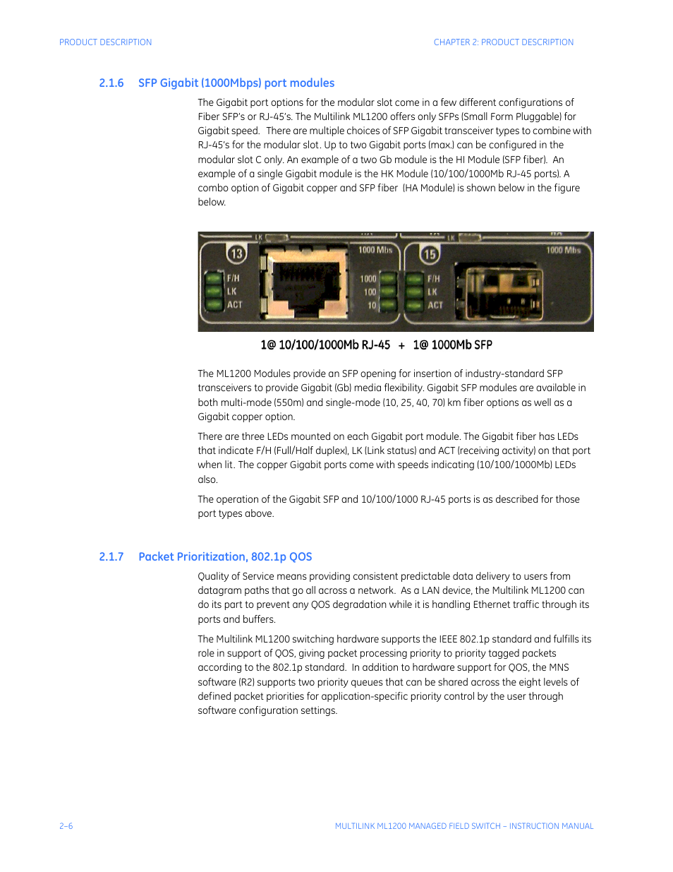 6 sfp gigabit (1000mbps) port modules, 7 packet prioritization, 802.1p qos, Sfp g | Igabit, 1000m, Port, Modules, Acket, Rioritization, Qos -6 | GE MULTILINK ML1200 User Manual | Page 42 / 344