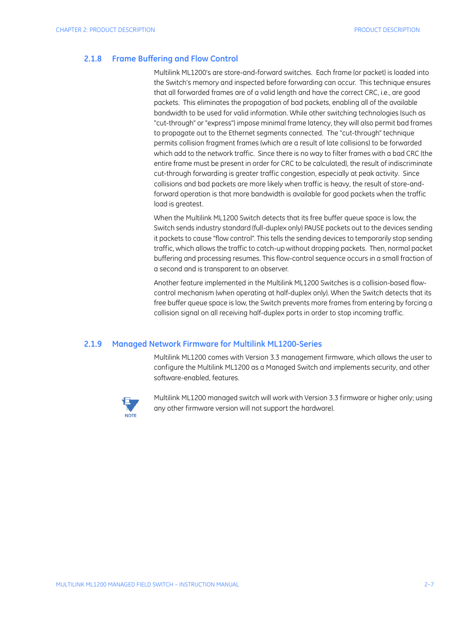 8 frame buffering and flow control, Rame, Uffering | Ontrol, Anaged, Etwork, Irmware, Ultilink, Ml1200-s, Eries | GE MULTILINK ML1200 User Manual | Page 43 / 344