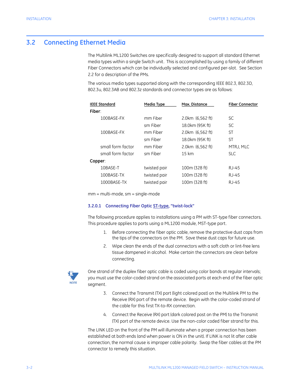 2 connecting ethernet media, 1 connecting fiber optic st-type, “twist-lock, Connecting ethernet media -2 | GE MULTILINK ML1200 User Manual | Page 50 / 344