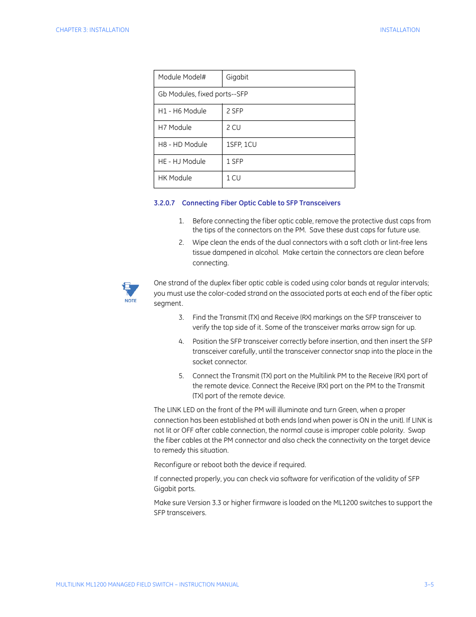 7 connecting fiber optic cable to sfp transceivers | GE MULTILINK ML1200 User Manual | Page 53 / 344