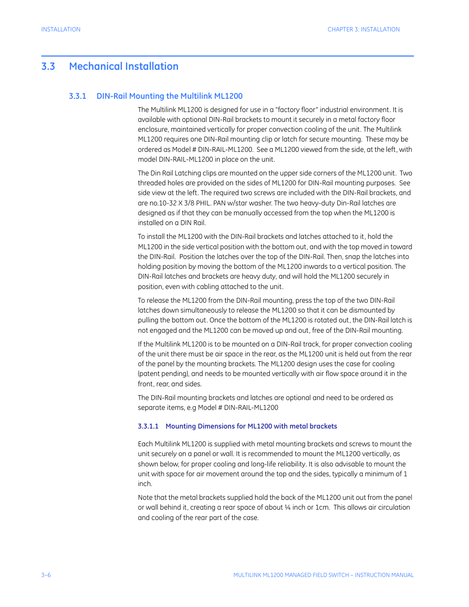 3 mechanical installation, 1 din-rail mounting the multilink ml1200, Mechanical installation -6 | Din-r, Ounting, Ultilink, Ml1200 -6 | GE MULTILINK ML1200 User Manual | Page 54 / 344