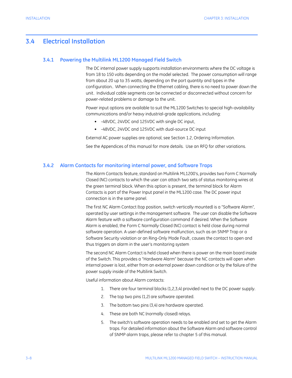4 electrical installation, Electrical installation -8, Owering | Ultilink, Ml1200 m, Anaged, Ield, Witch, Larm, Ontacts | GE MULTILINK ML1200 User Manual | Page 56 / 344