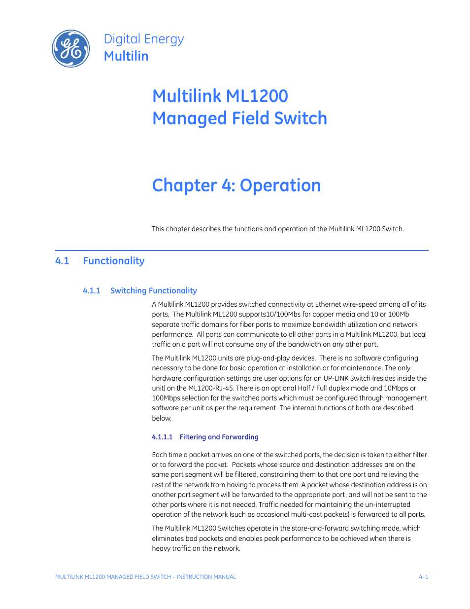 Operation, 1 functionality, 1 switching functionality | 1 filtering and forwarding, Functionality -1, Witching, Unctionality, Digital energy multilin | GE MULTILINK ML1200 User Manual | Page 59 / 344