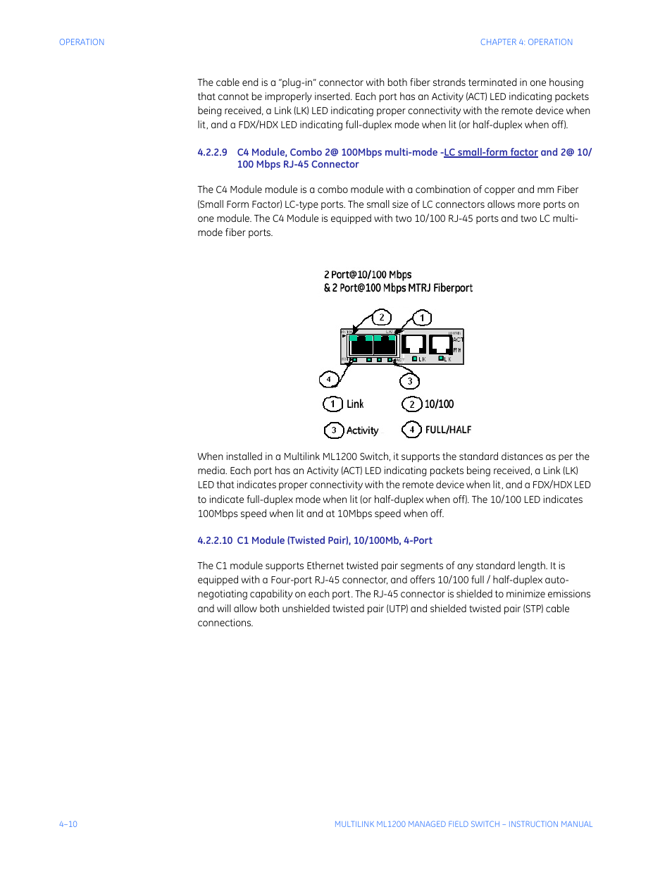 10 c1 module (twisted pair), 10/100mb, 4-port | GE MULTILINK ML1200 User Manual | Page 68 / 344