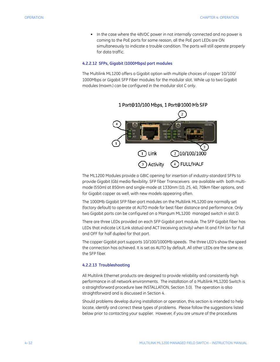 12 sfps, gigabit (1000mbps) port modules, 13 troubleshooting | GE MULTILINK ML1200 User Manual | Page 70 / 344