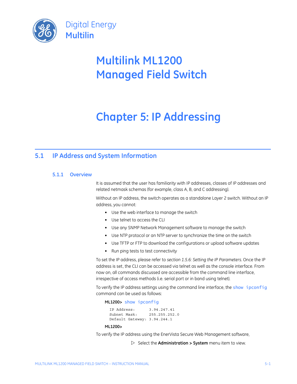 Ip addressing, 1 ip address and system information, 1 overview | Ip address and system information -1, Verview, Digital energy multilin | GE MULTILINK ML1200 User Manual | Page 73 / 344