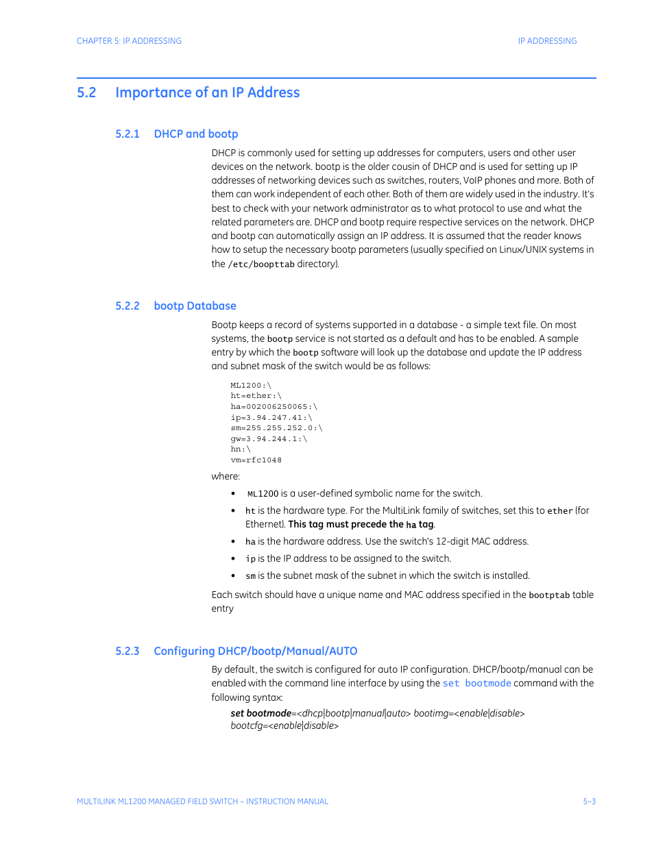 2 importance of an ip address, 1 dhcp and bootp, 2 bootp database | 3 configuring dhcp/bootp/manual/auto, Importance of an ip address -3, Dhcp, Bootp, Atabase, Onfiguring, Anual | GE MULTILINK ML1200 User Manual | Page 75 / 344