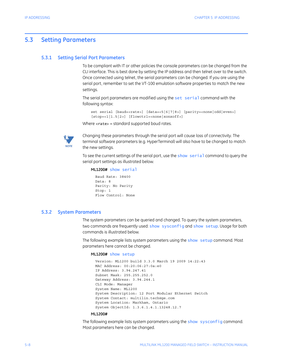 3 setting parameters, 1 setting serial port parameters, 2 system parameters | Setting parameters -8, Etting, Erial, Arameters, Ystem | GE MULTILINK ML1200 User Manual | Page 80 / 344