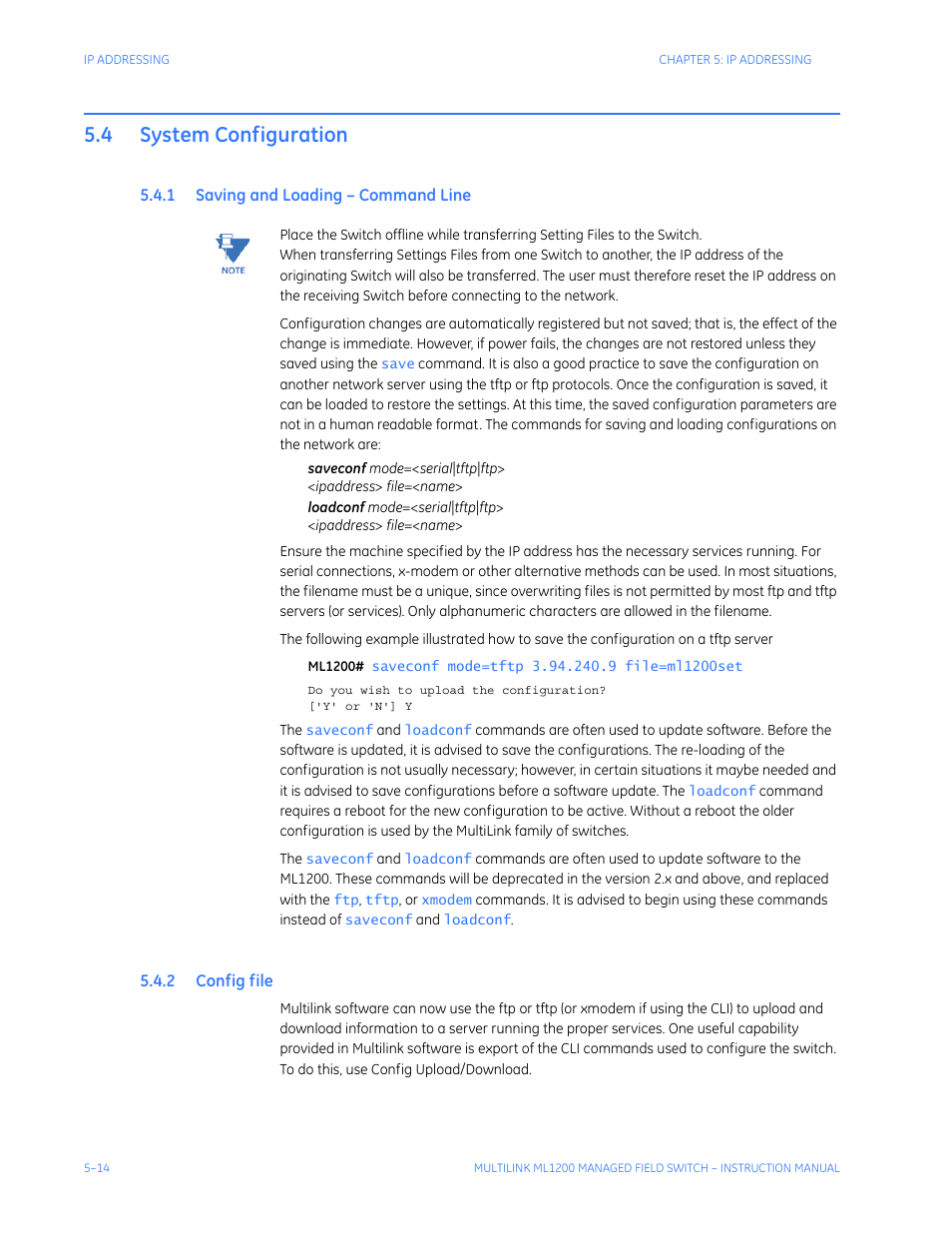 4 system configuration, 1 saving and loading – command line, 2 config file | System configuration -14, Aving, Oading, Ommand, Onfig, File | GE MULTILINK ML1200 User Manual | Page 86 / 344
