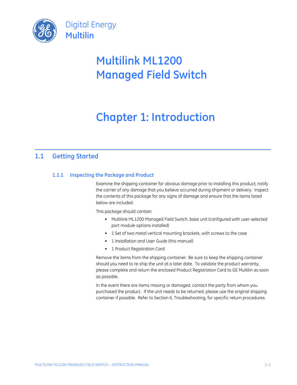 Introduction, 1 getting started, 1 inspecting the package and product | Getting started -1, Nspecting, Ackage, Roduct, Digital energy multilin | GE MULTILINK ML1200 User Manual | Page 9 / 344