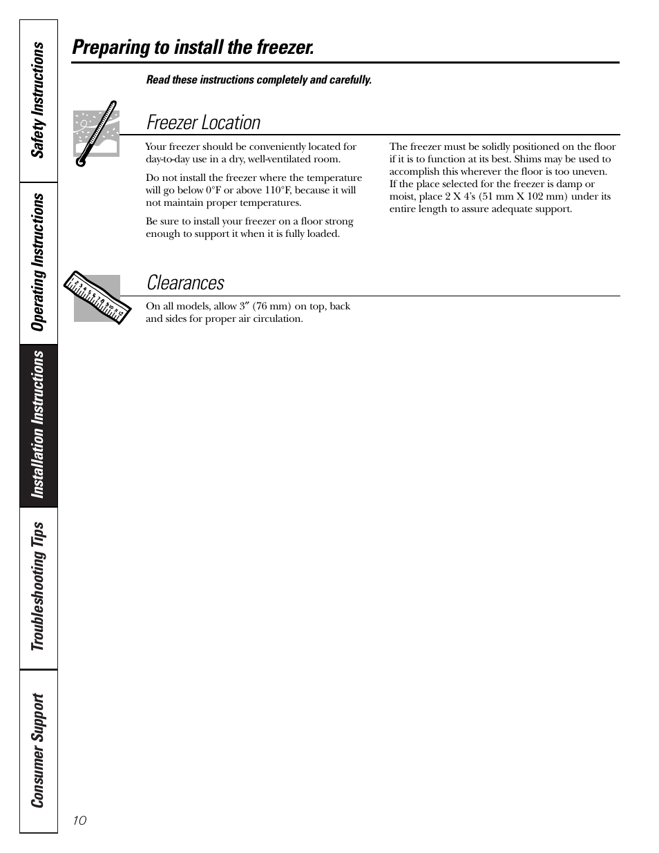 Preparing to install the freezer, Freezer location, Clearances | GE FCM7 User Manual | Page 10 / 16