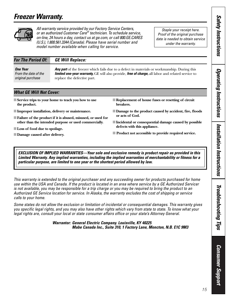 Warranty, Freezer warranty | GE FCM7 User Manual | Page 15 / 16