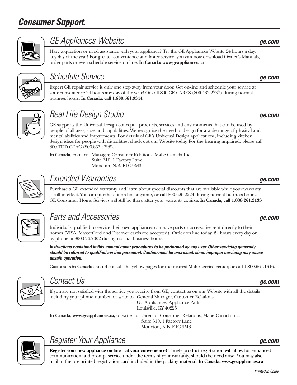 Consumer support, Consumer support . . . . . back cover, Consumer support. ge appliances website | Schedule service, Real life design studio, Extended warranties, Parts and accessories, Contact us, Register your appliance | GE FCM7 User Manual | Page 16 / 16