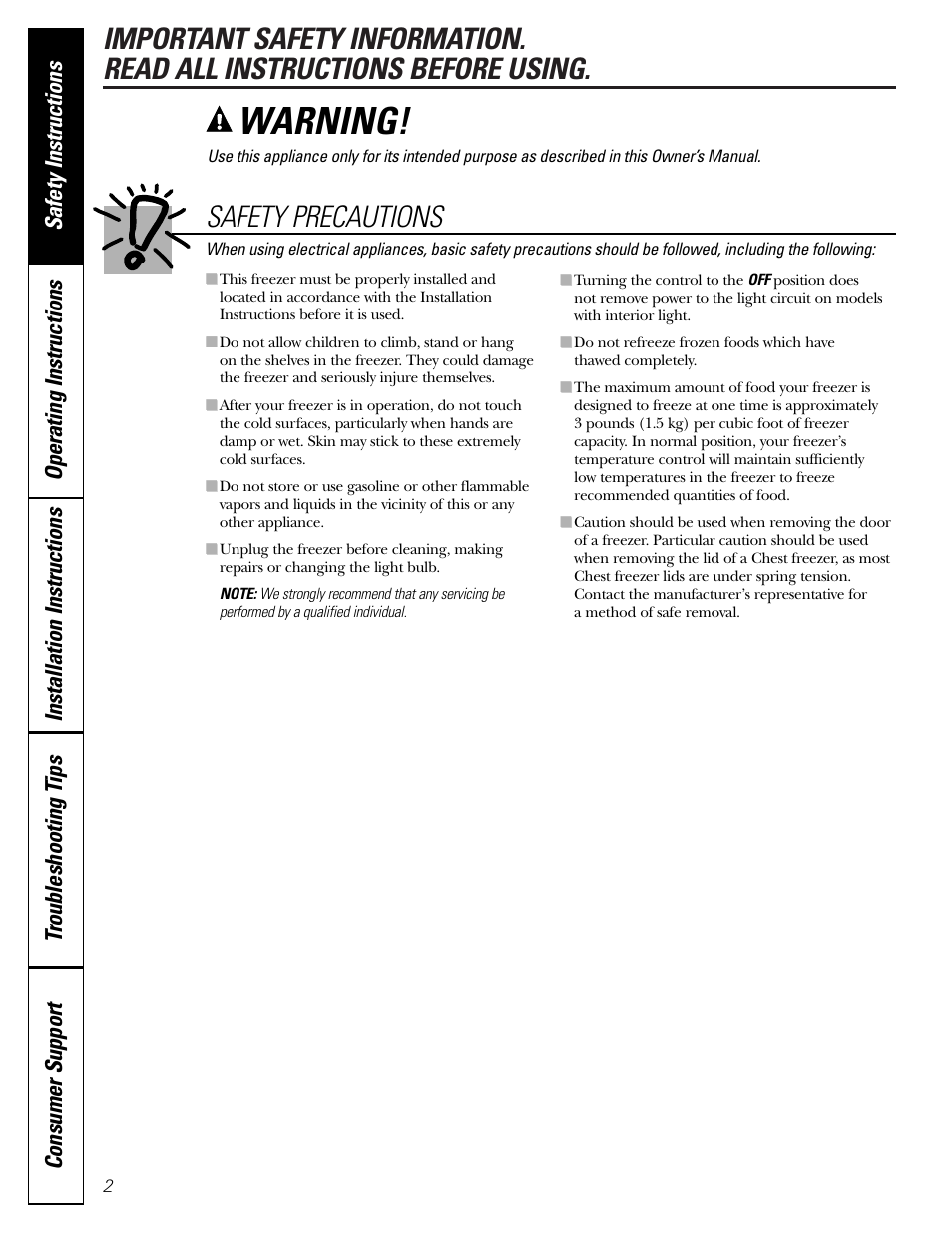 Safety precautions, Warning | GE FCM7 User Manual | Page 2 / 16