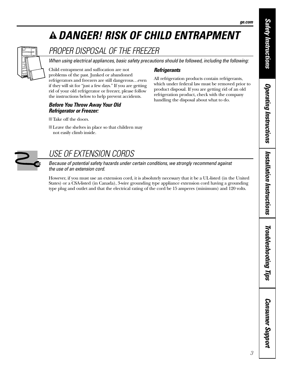 Proper disposal, Use of extension cords, Danger! risk of child entrapment | Proper disposal of the freezer | GE FCM7 User Manual | Page 3 / 16