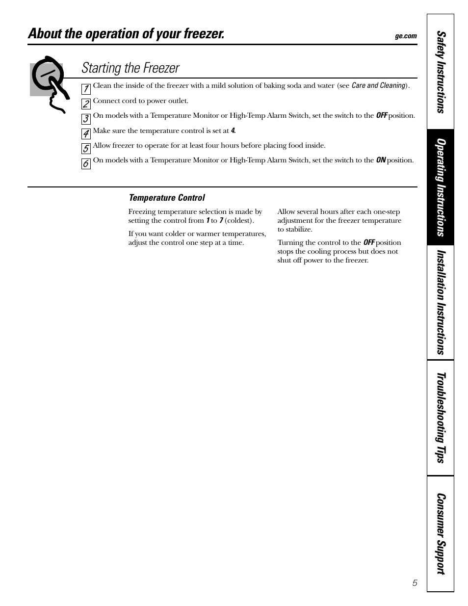 Features, Starting the freezer, Features , 6 starting the freezer | About the operation of your freezer | GE FCM7 User Manual | Page 5 / 16