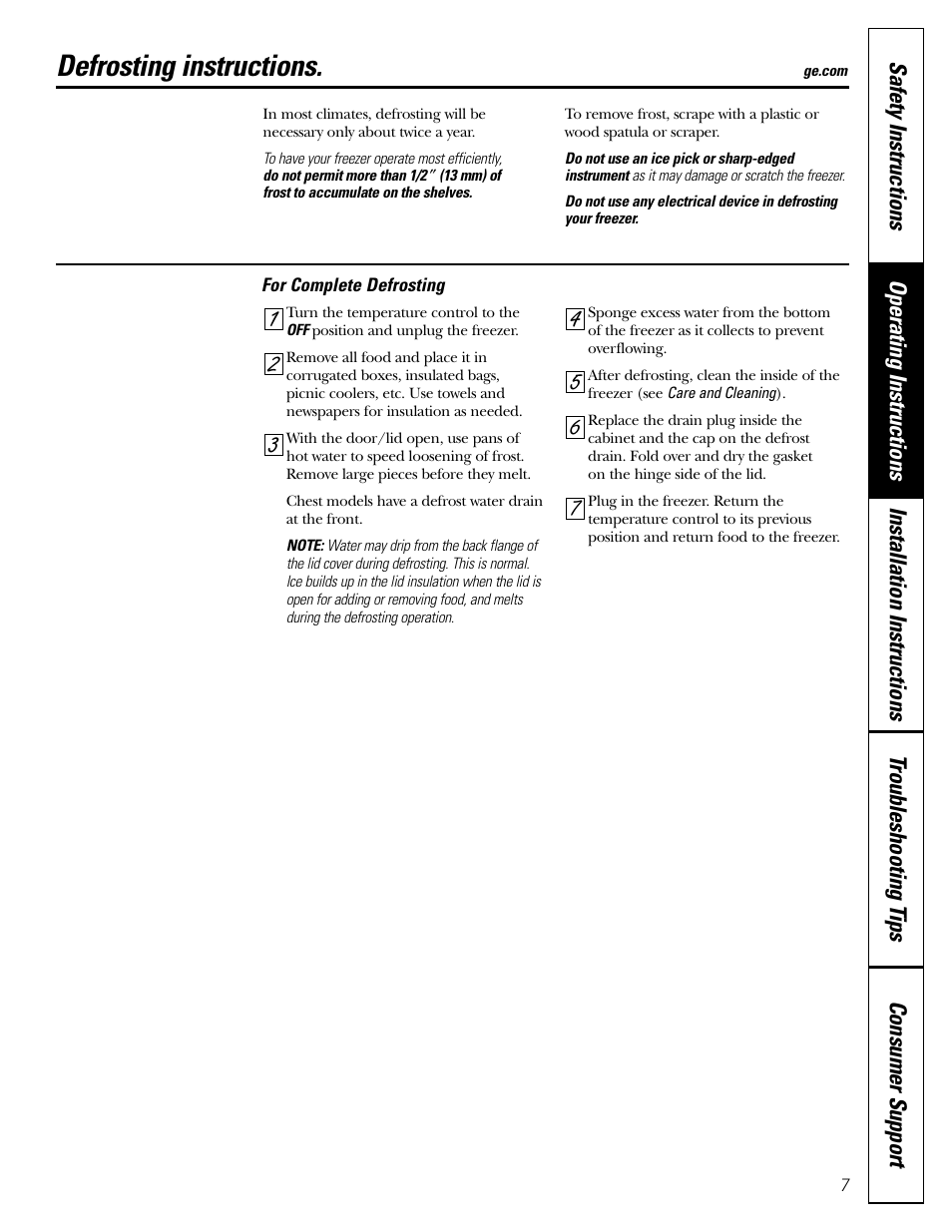 Defrosting instructions | GE FCM7 User Manual | Page 7 / 16