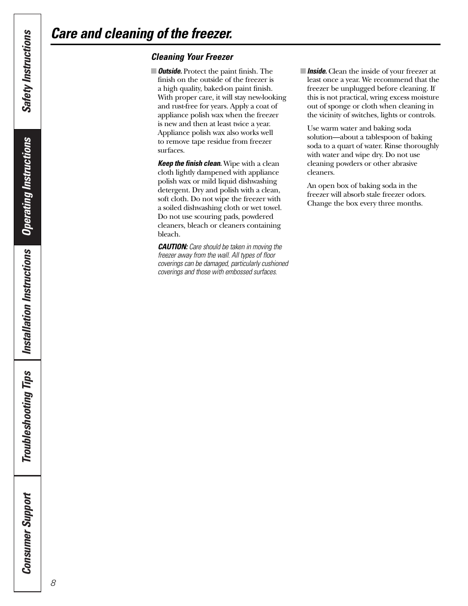 Care and cleaning, Care and cleaning , 9, Care and cleaning of the freezer | GE FCM7 User Manual | Page 8 / 16