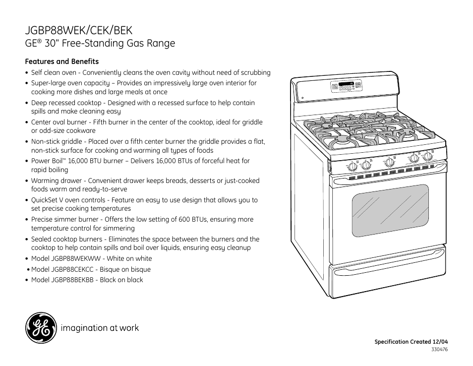 Jgbp88wek/cek/bek, 30" free-standing gas range | GE JGBP88BEK User Manual | Page 2 / 2