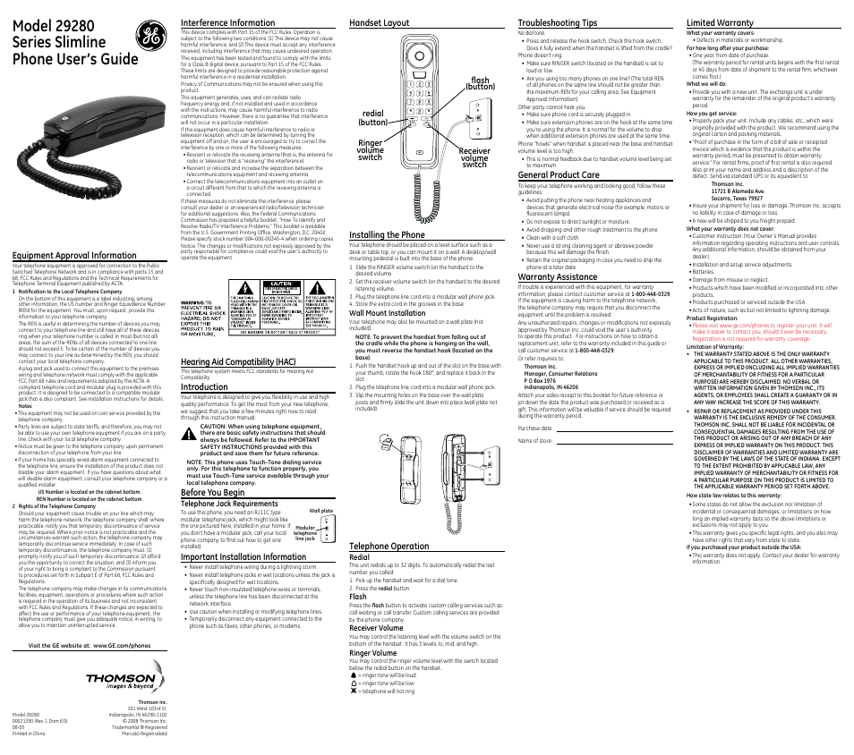 GE Slimline 00021390 User Manual | 2 pages