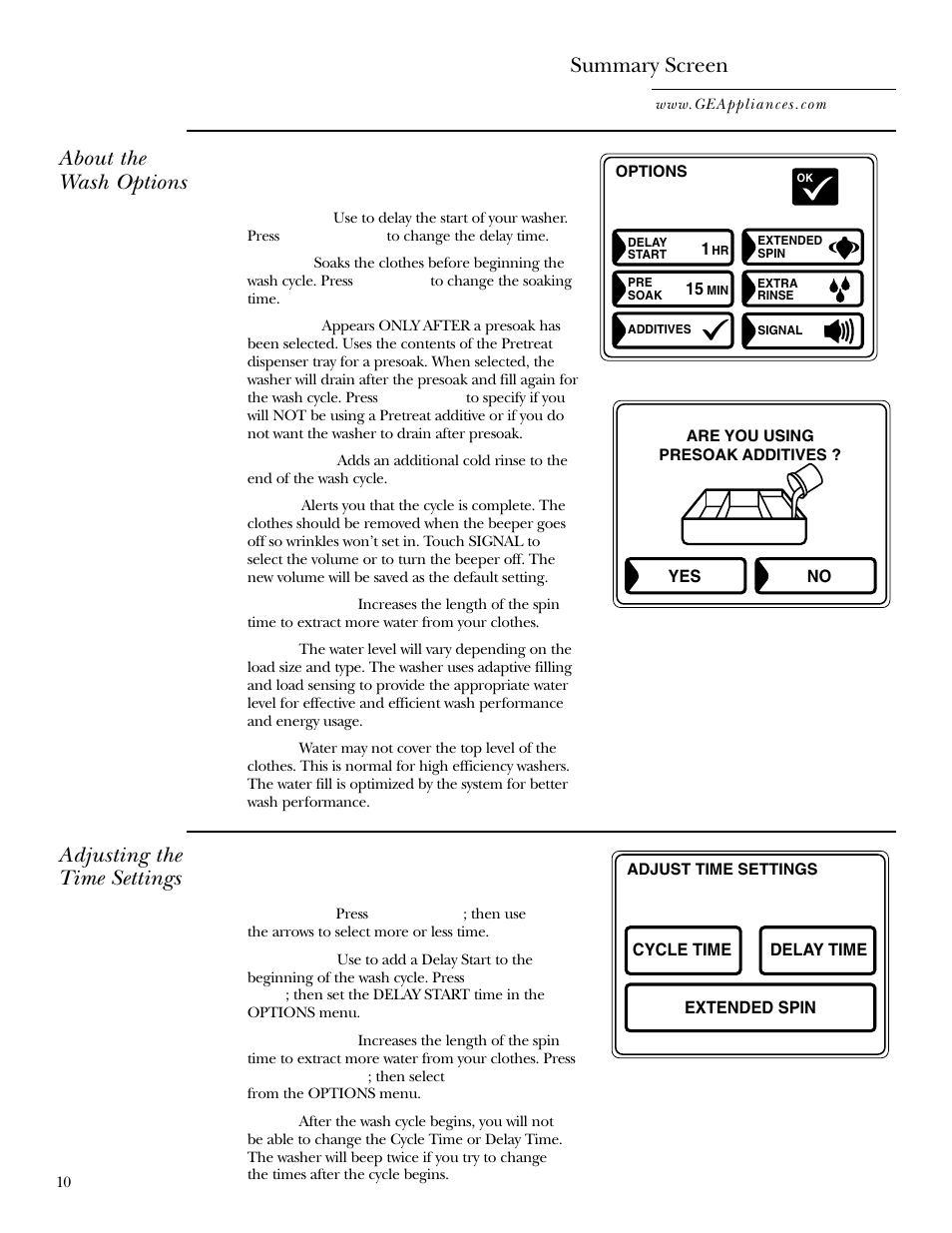 Summary screen, About the wash options, Adjusting the time settings | GE WPGT9350 User Manual | Page 10 / 68