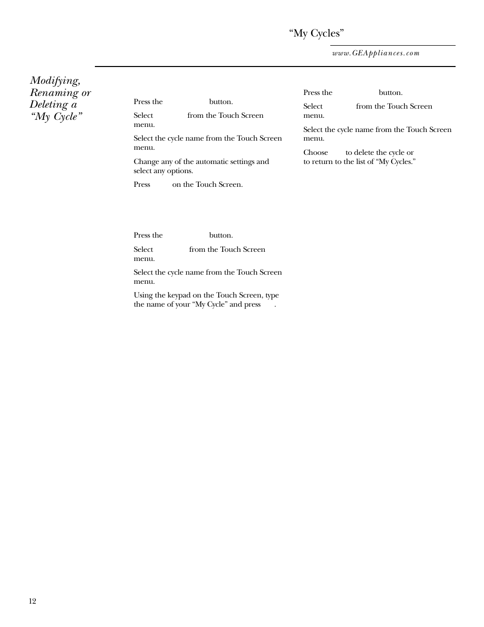 My cycles, Modifying, renaming or deleting a “my cycle | GE WPGT9350 User Manual | Page 12 / 68