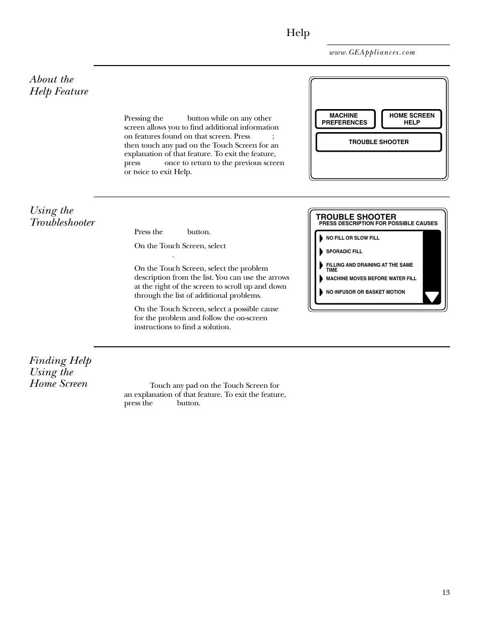 Help feature, Troubleshooter, Help feature , 14 troubleshooter | Help, About the help feature, Using the troubleshooter, Finding help using the home screen | GE WPGT9350 User Manual | Page 13 / 68