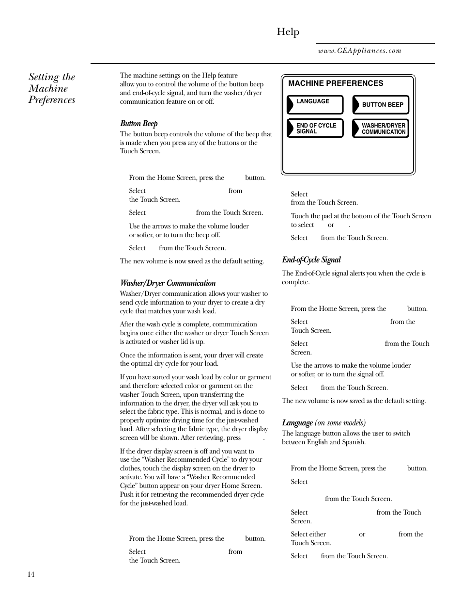 Help, Setting the machine preferences | GE WPGT9350 User Manual | Page 14 / 68