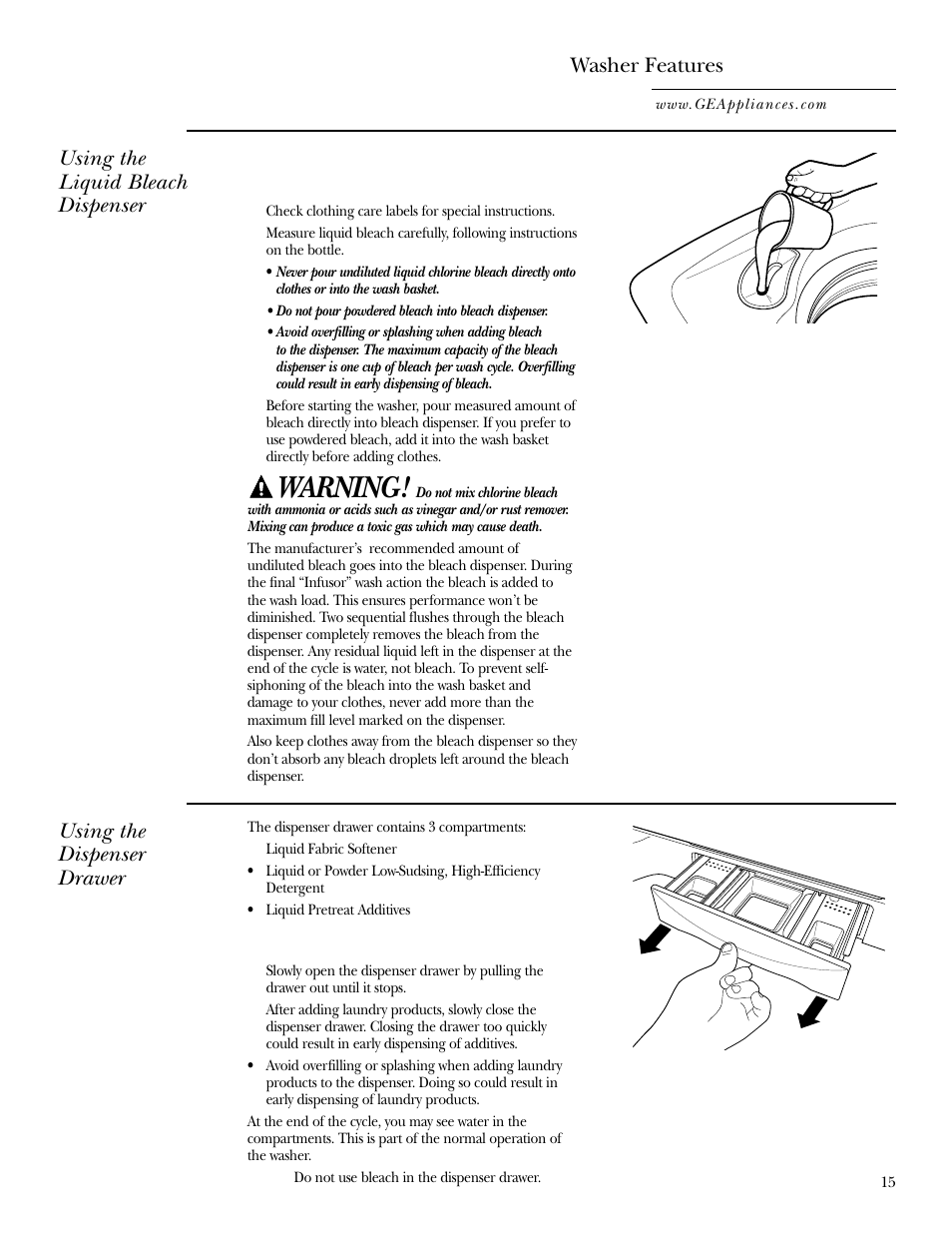 Other features, Other features , 16, Warning | Washer features, Using the liquid bleach dispenser, Using the dispenser drawer | GE WPGT9350 User Manual | Page 15 / 68