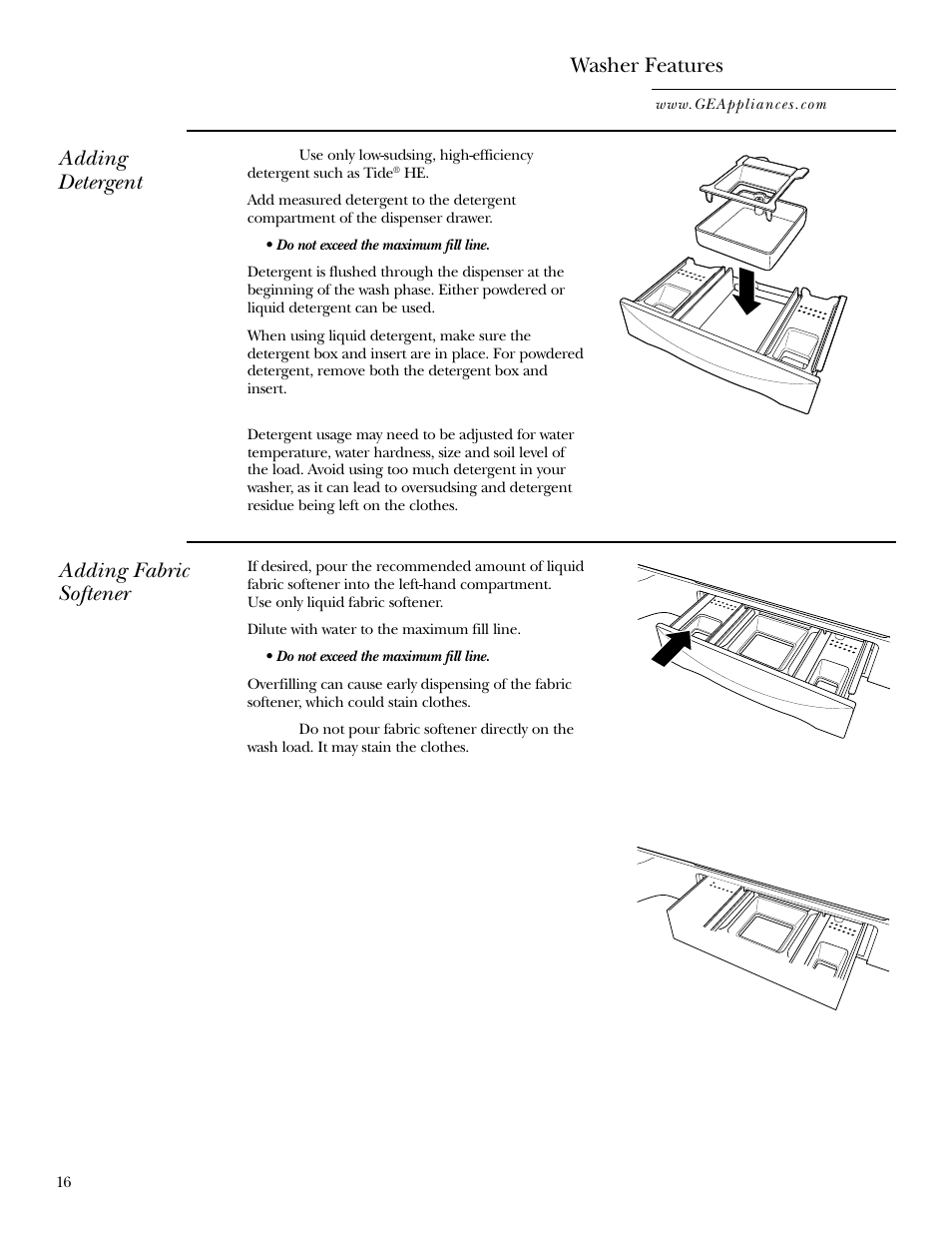 Washer features, Adding detergent, Adding fabric softener | GE WPGT9350 User Manual | Page 16 / 68