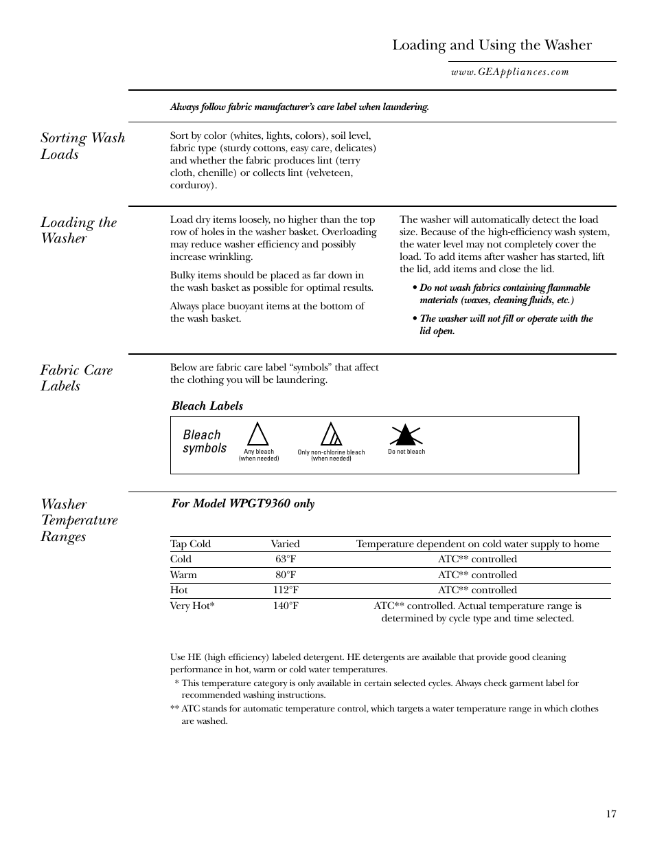 Loading and using the washer, Loading and using the washer , 18, Sorting wash loads | Loading the washer, Fabric care labels, Washer temperature ranges, Bleach symbols | GE WPGT9350 User Manual | Page 17 / 68