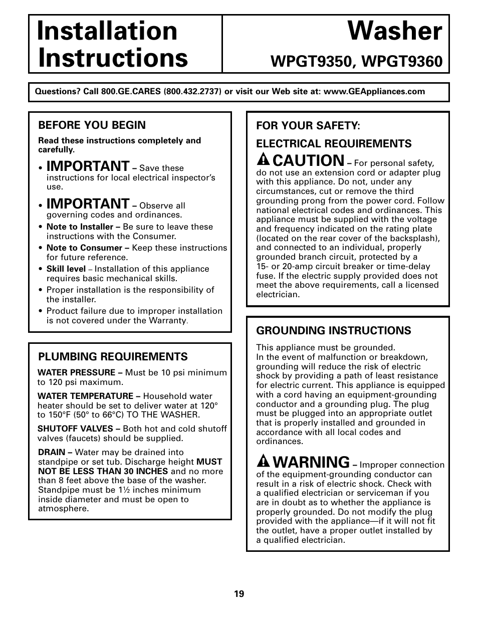 Before you begin, Before you begin –21, Installation washer instructions | Caution, Warning, Important | GE WPGT9350 User Manual | Page 19 / 68