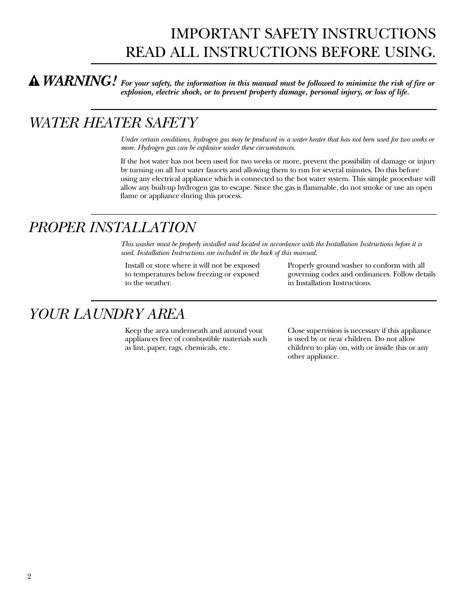 Safety instructions, Water heater safety, Warning | Your laundry area | GE WPGT9350 User Manual | Page 2 / 68