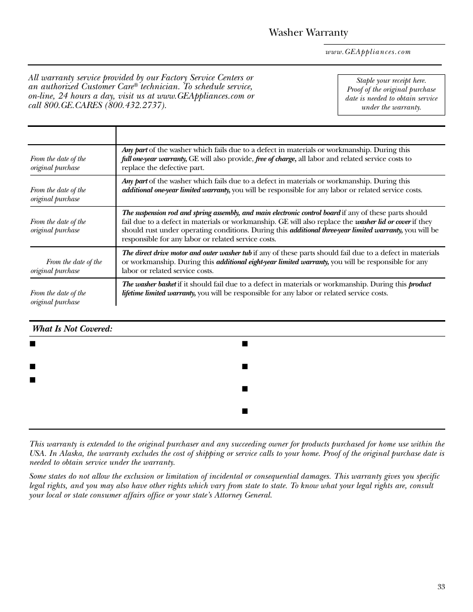 Warranty, Washer warranty | GE WPGT9350 User Manual | Page 33 / 68