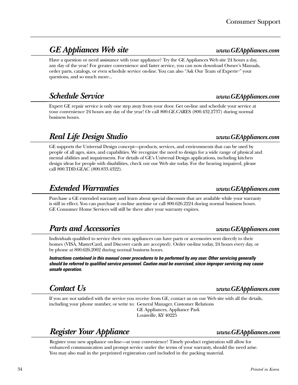 Consumer support, Ge appliances web site, Schedule service | Real life design studio, Extended warranties, Parts and accessories, Contact us, Register your appliance | GE WPGT9350 User Manual | Page 34 / 68