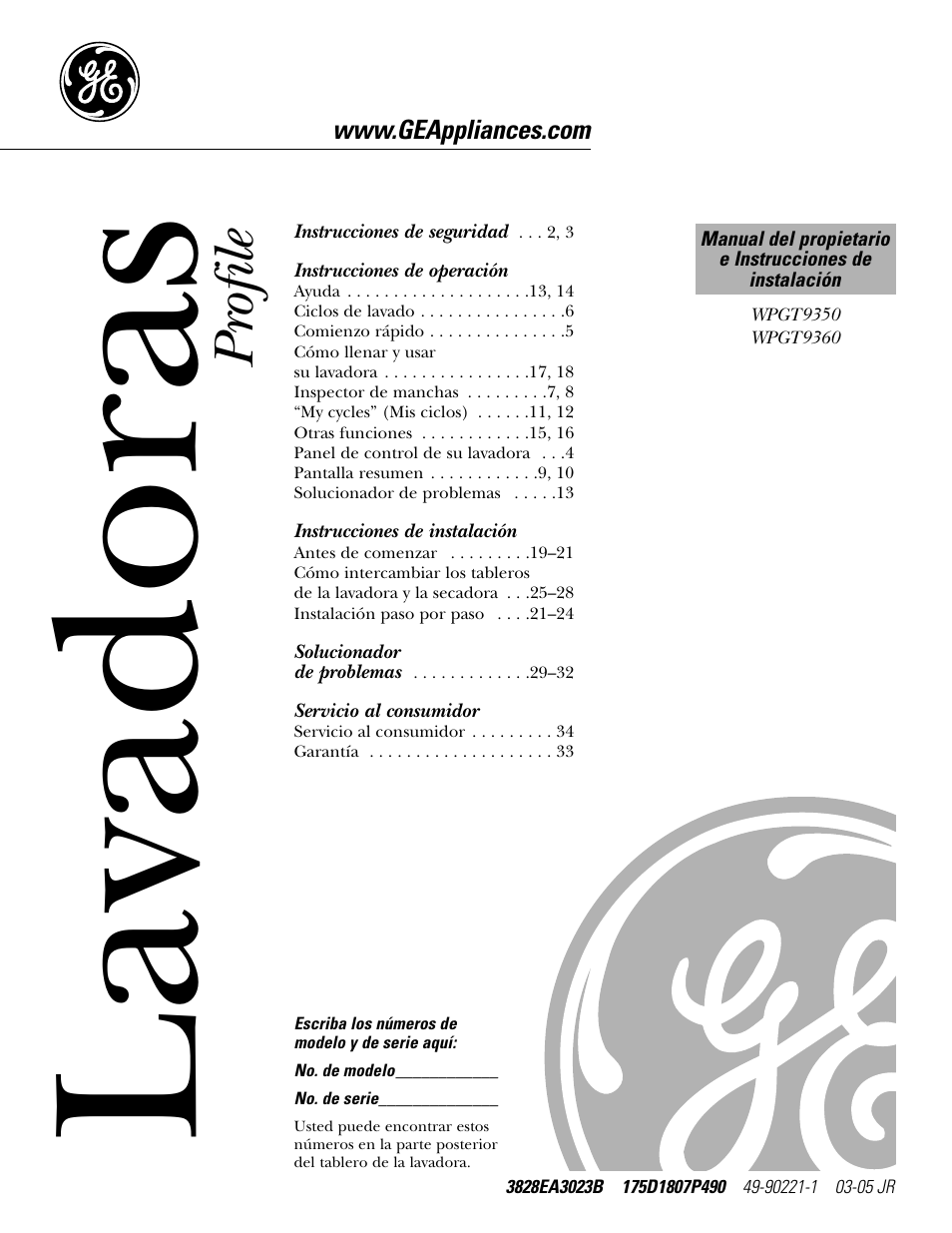 Spanish table of contents, Instrucciones de operación, Instrucciones de instalación | Servicio al consumidor, Lavadoras, Pr ofile | GE WPGT9350 User Manual | Page 35 / 68