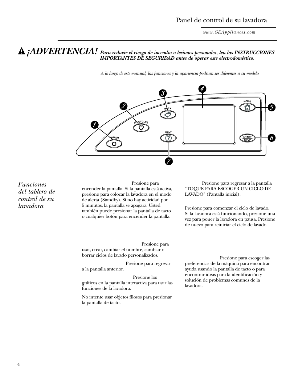 Panel de control de su lavadora, Advertencia, Funciones del tablero de control de su lavadora | GE WPGT9350 User Manual | Page 38 / 68