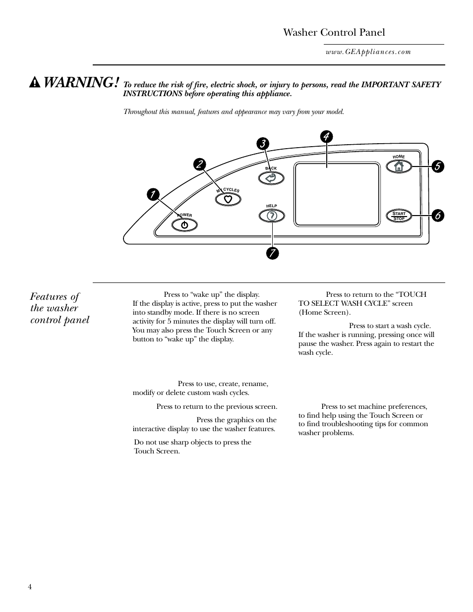 Controls, Warning, Washer control panel | Features of the washer control panel | GE WPGT9350 User Manual | Page 4 / 68